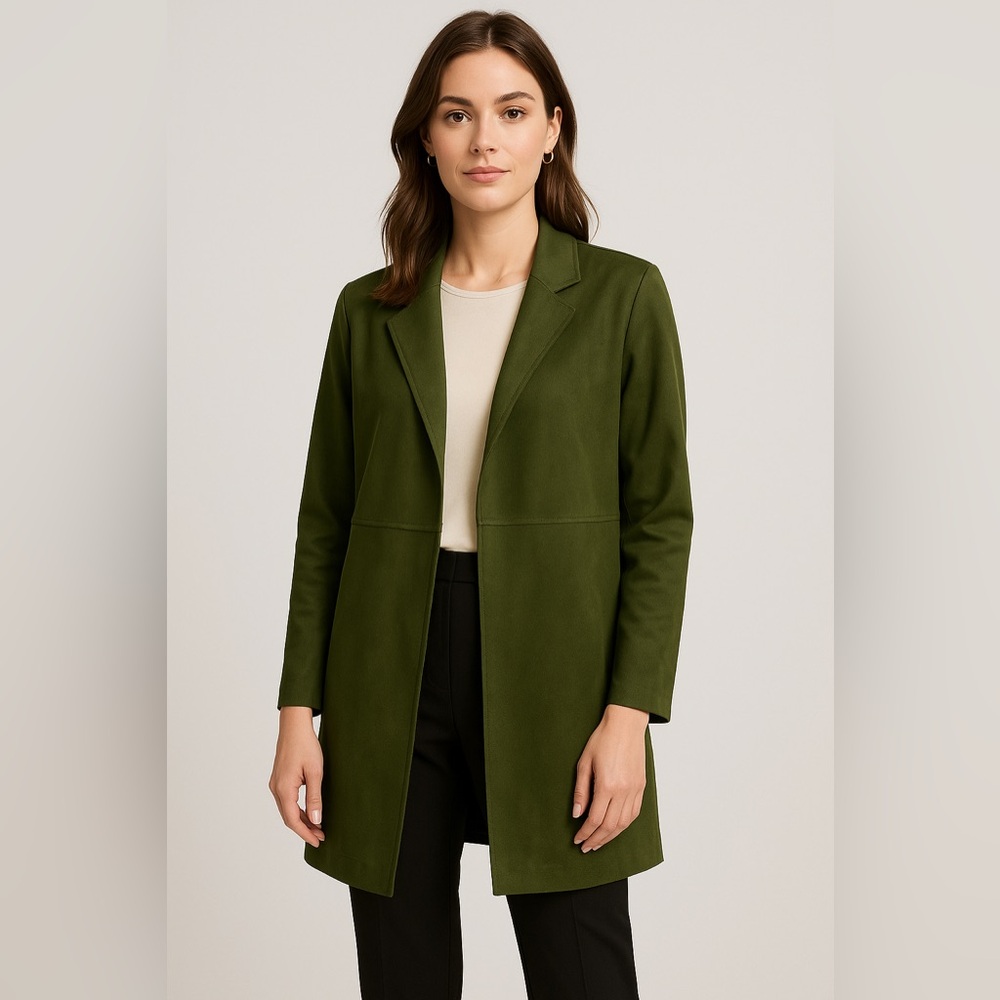 Premise Faux Suede Open Front Longline Coat Jacket L Olive Green Soft Minimalist